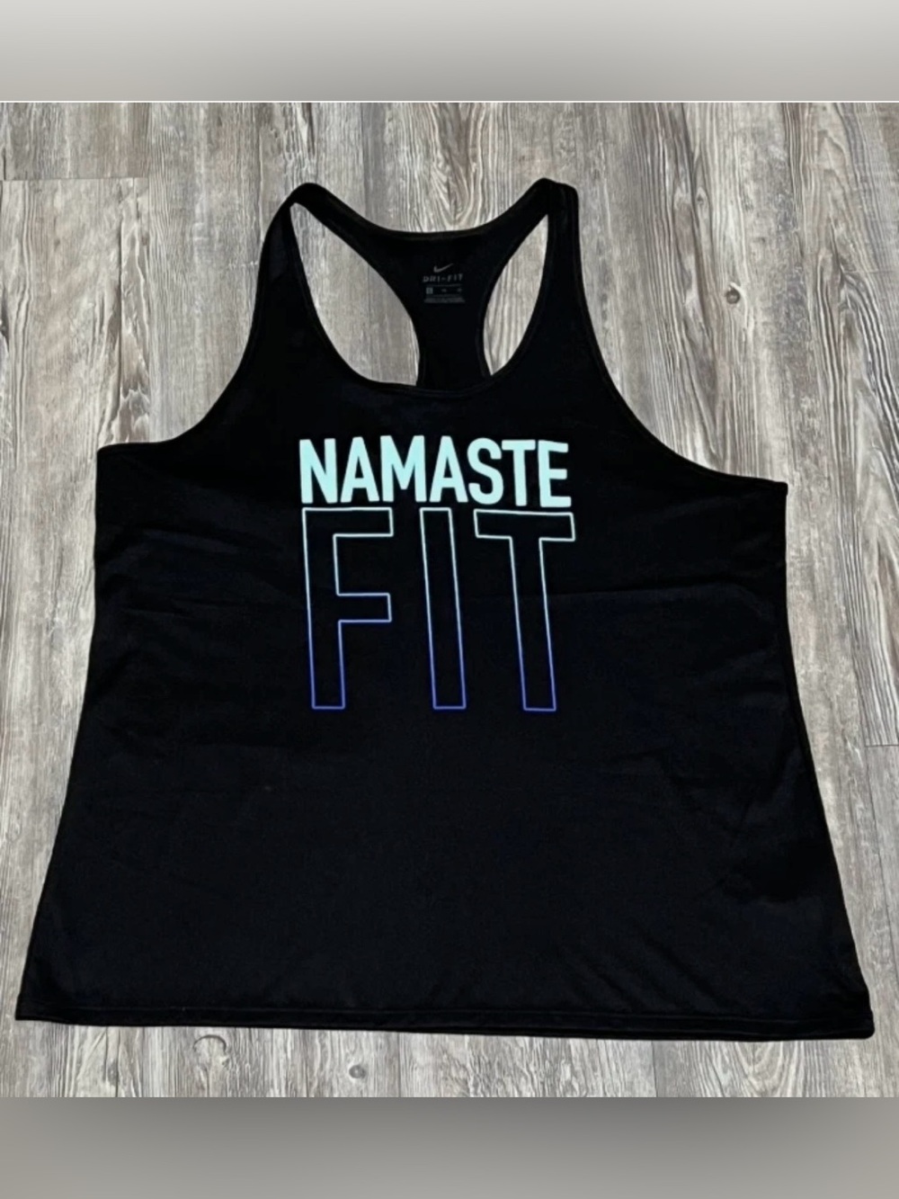 XL Womens NIKE Dri-Fit Black Blue NAMASTE FIT Yoga Tank Top Shirt Racer Back Gym